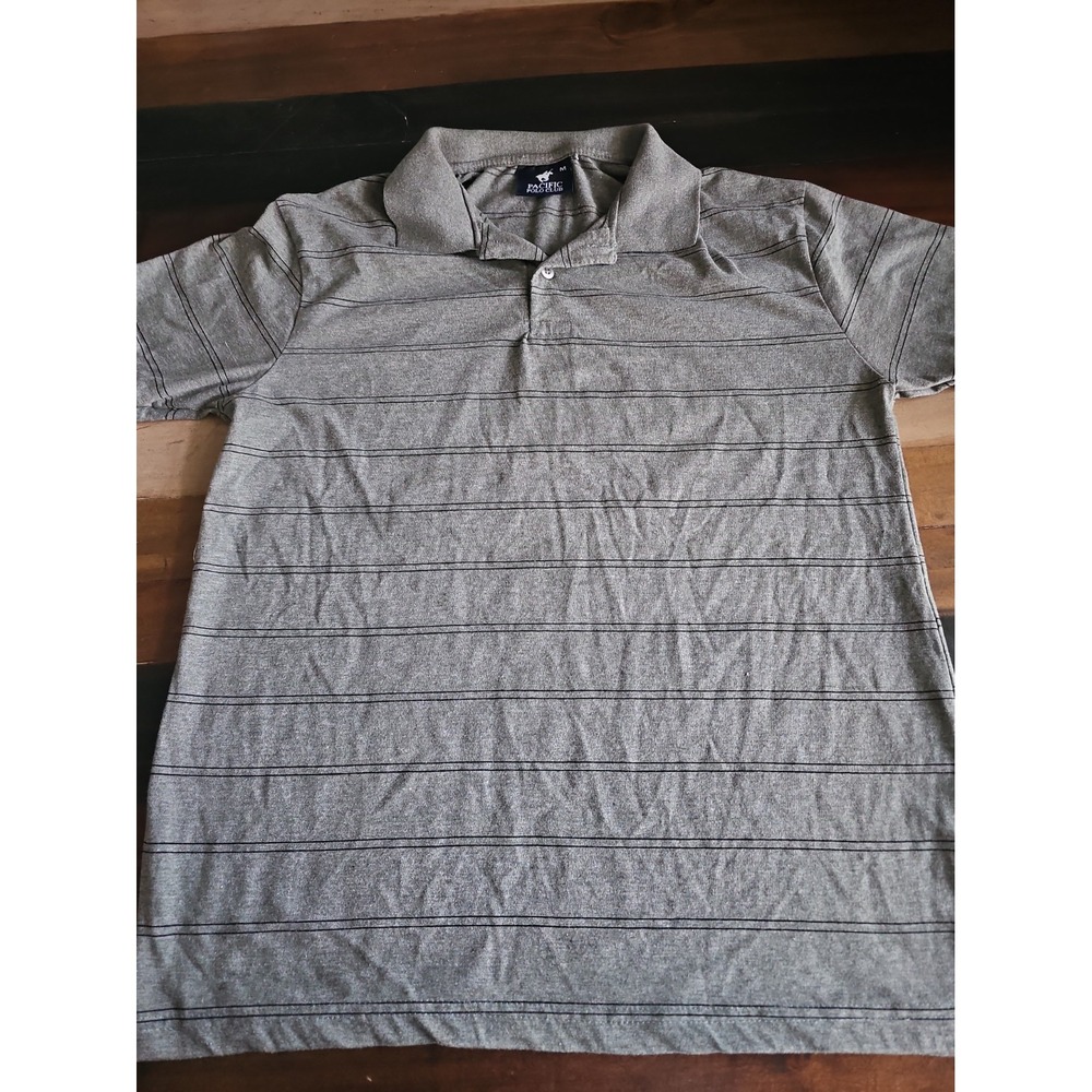 Pacific Polo Club Men's Polo Shirt M Gray Black Stripe Short Sleeve Casual 0062
